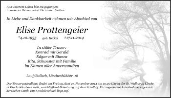 Traueranzeige von Elise Prottengeier von Pegnitz-Zeitung